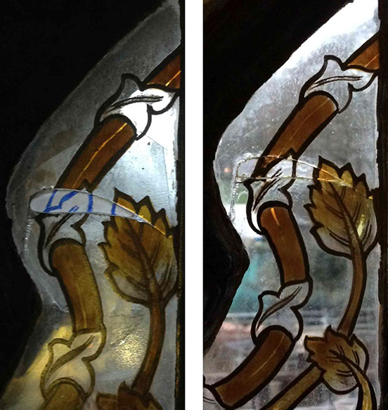 The Robbing Room the Houses of Parliament stained glass repairs, before and after