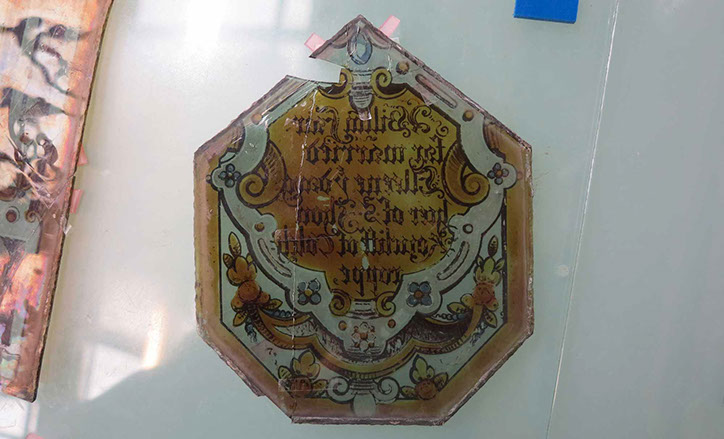 Gilling castle stained glass during restoration