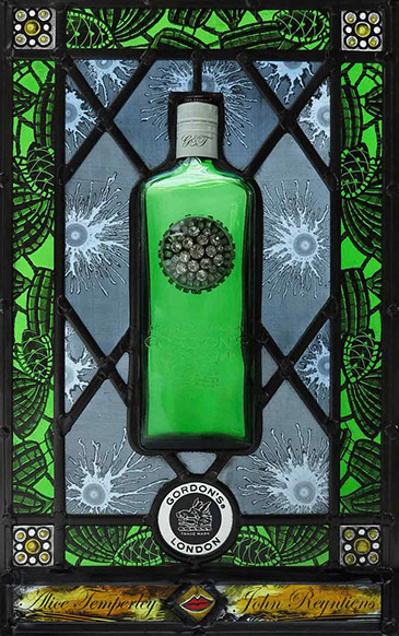 10 green bottles for gordons gin panels by john reyntiens and alice temperley