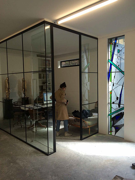 silk-screen printed stained glass, 15 lines of life by john reyntiens during making