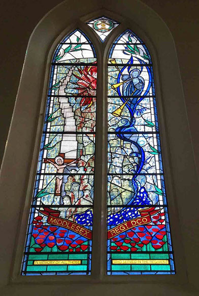 Middlesex regiment memorial stained glass window, st pauls church Mill hill london by john reyntiens