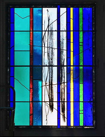 silk-screen printed stained glass, 15 lines of life by john reyntiens during making