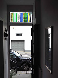 silk-screen printed stained glass, 15 lines of life by john reyntiens during making