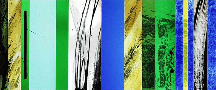 silk-screen printed stained glass, 15 lines of life by john reyntiens during making