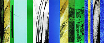 silk-screen printed stained glass, 15 lines of life by john reyntiens during making