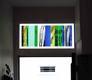 silk-screen printed stained glass, 15 lines of life by john reyntiens during making