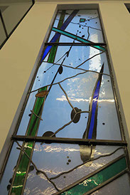 silk-screen printed stained glass, 15 lines of life by john reyntiens during making