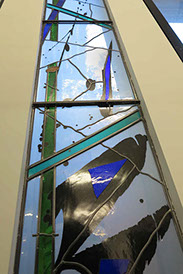 silk-screen printed stained glass, 15 lines of life by john reyntiens during making