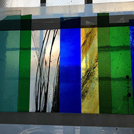 silk-screen printed stained glass, 15 lines of life by john reyntiens during making