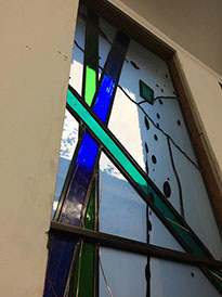 silk-screen printed stained glass, 15 lines of life by john reyntiens during making