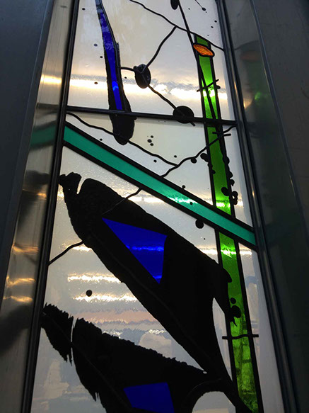 silk-screen printed stained glass, 15 lines of life by john reyntiens during making