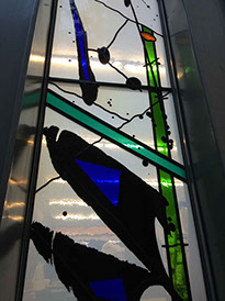silk-screen printed stained glass, 15 lines of life by john reyntiens during making