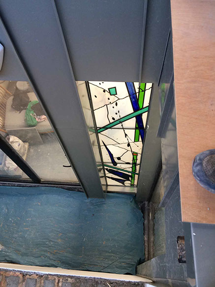 silk-screen printed stained glass, 15 lines of life by john reyntiens during making