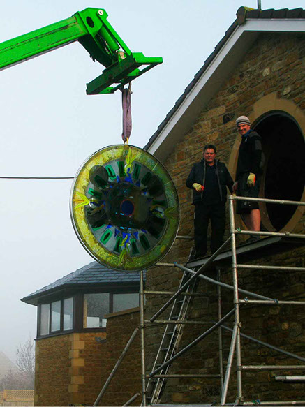 during making of 6 days of creation stained glass window in south petherton by john reyntiens